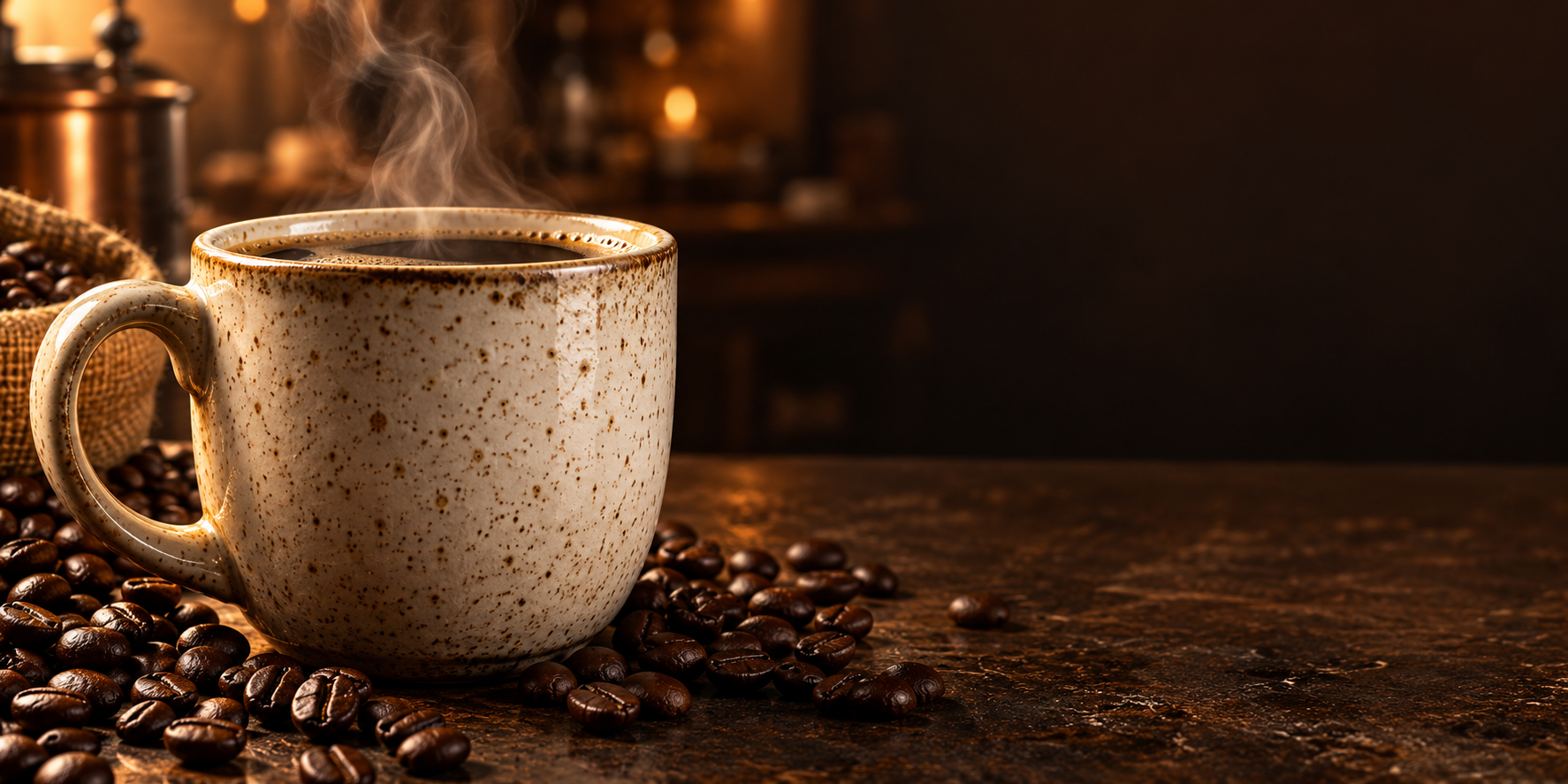 A warm ceramic cup of coffee on a wooden table